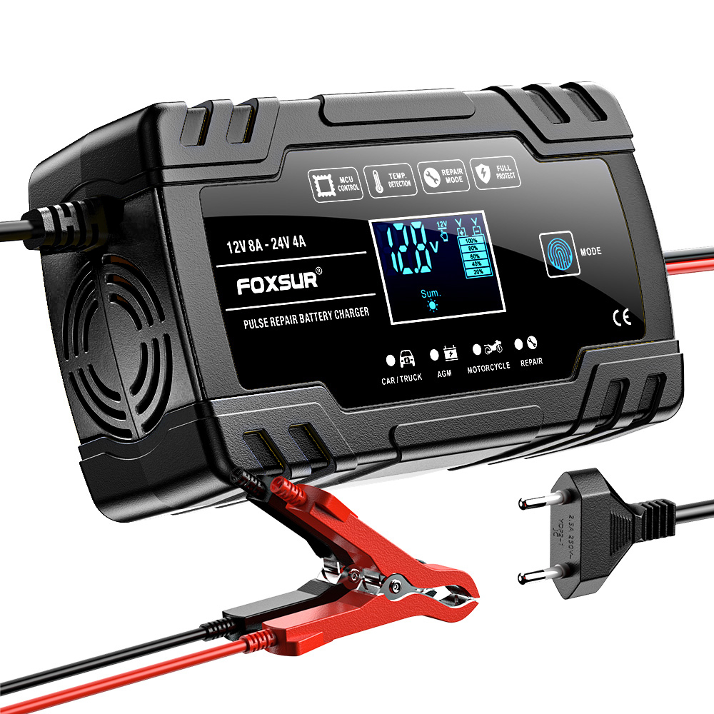 Redresor Auto Foxsur 12V-24V, 8A, Inteligent și Automat pentru Baterii LiFePO4, Gel, AGM, Wet, cu Funcție de Reparație prin Pulsuri, Negru [2]