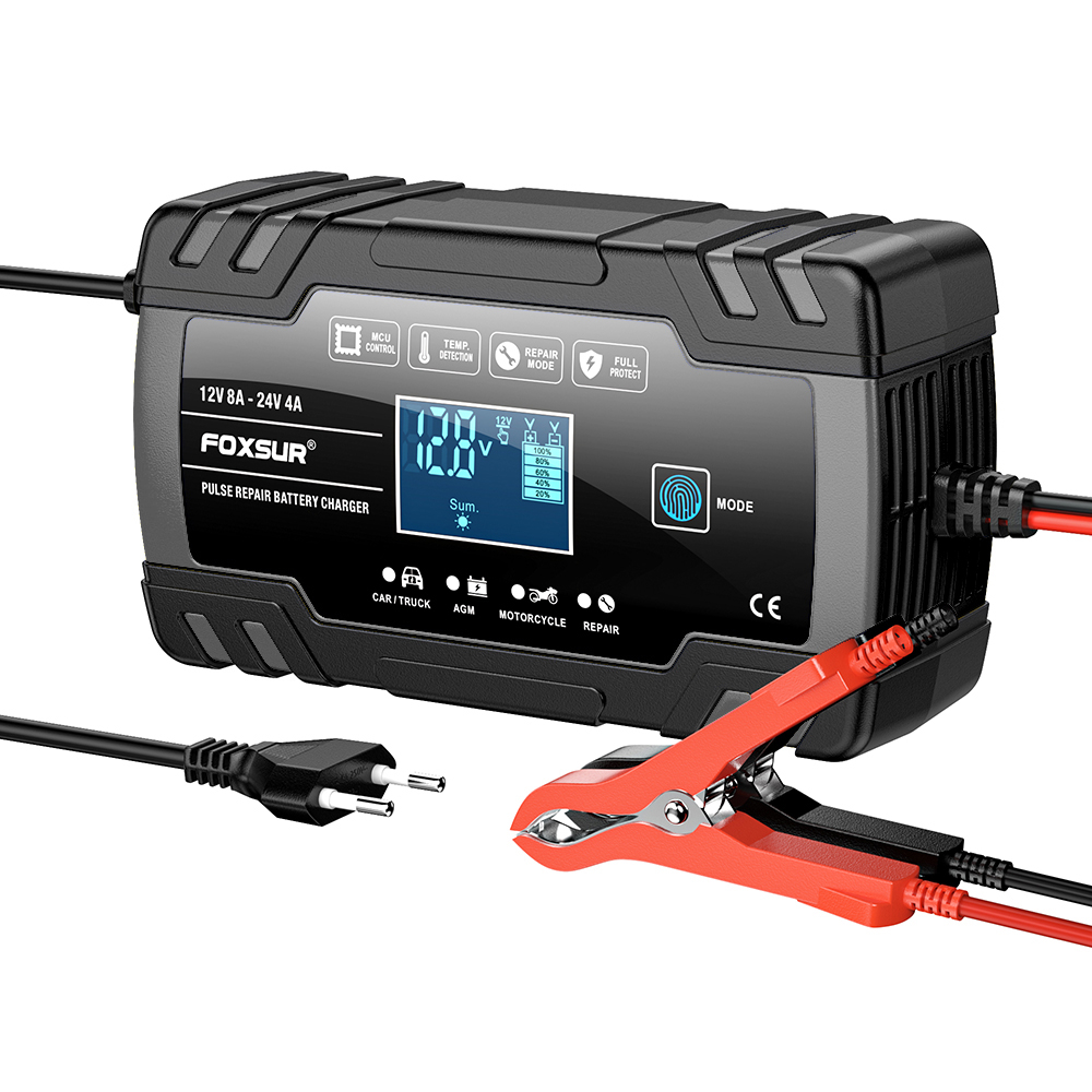 Redresor Auto Foxsur 12V-24V, 8A, Inteligent și Automat pentru Baterii LiFePO4, Gel, AGM, Wet, cu Funcție de Reparație prin Pulsuri, Negru [4]