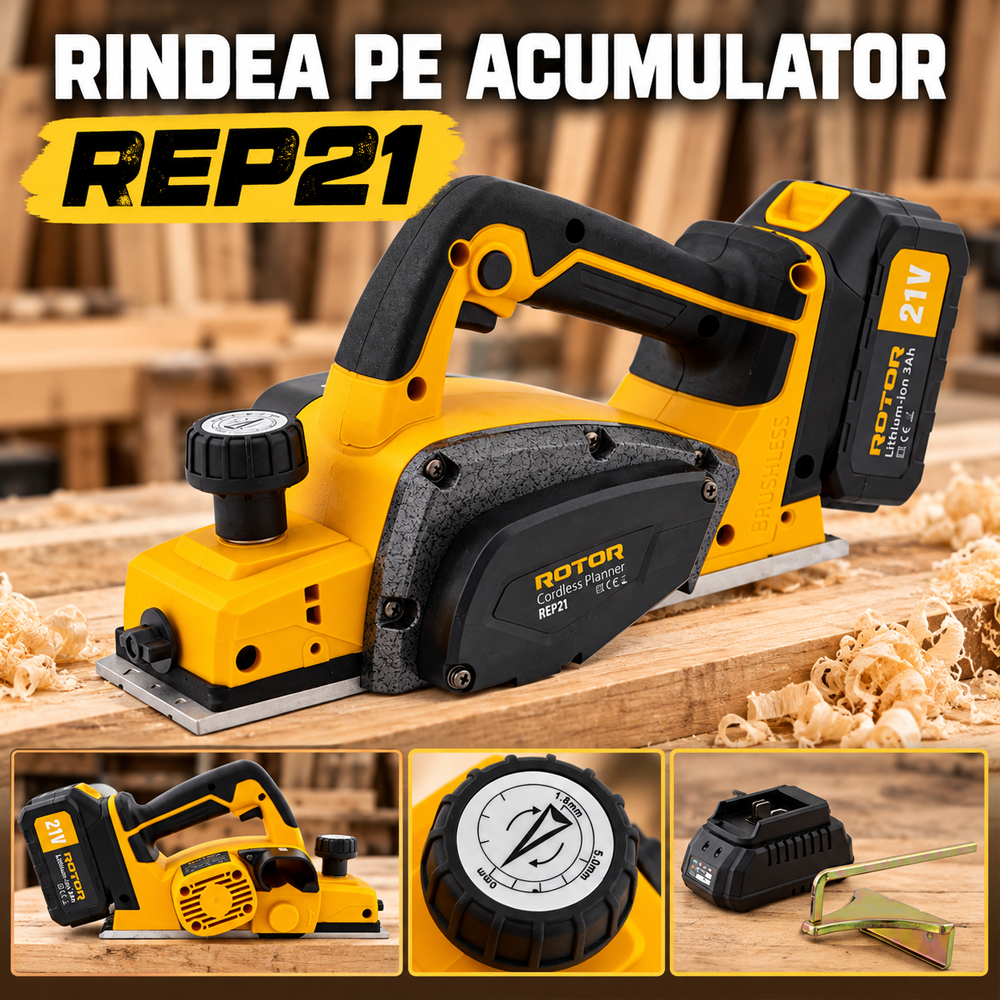 Rindea pe acumulator 21V 3Ah, 500 W, Brushless, 16000 rpm, lățime 82 mm, REP21 [9]
