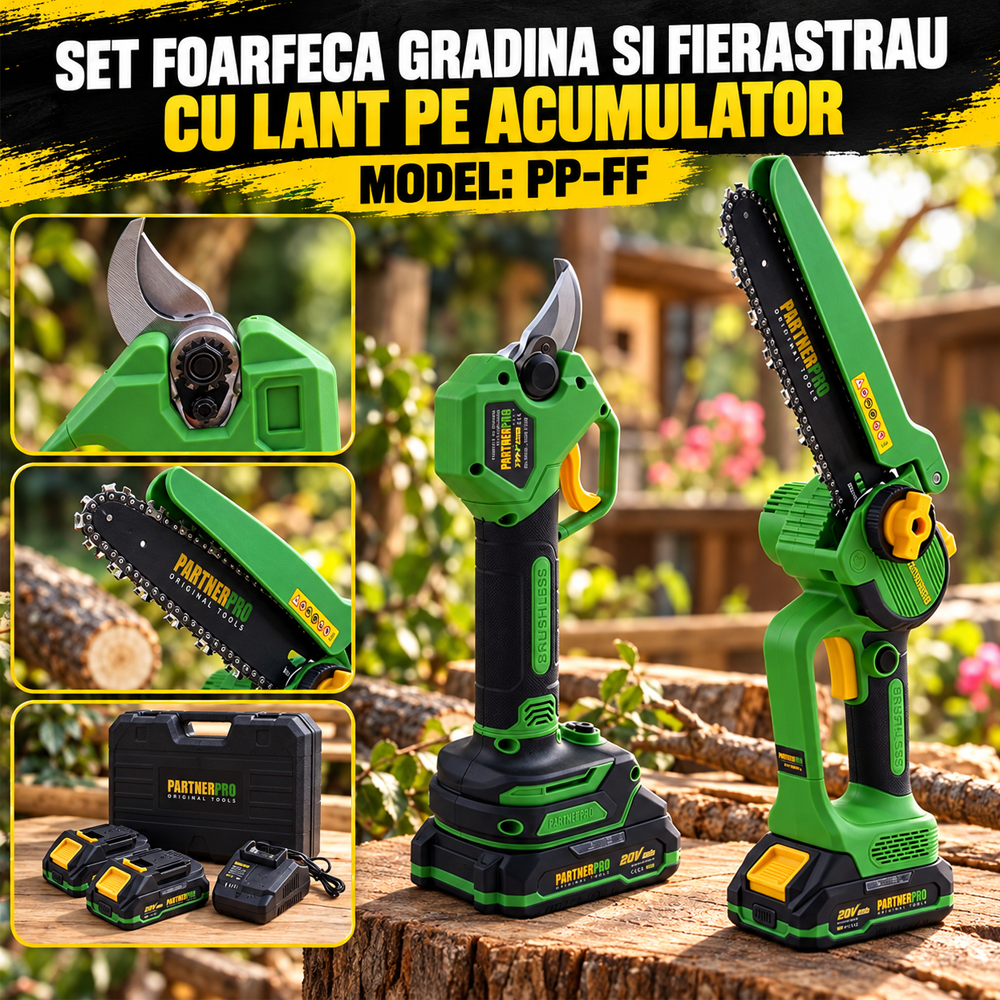 Set 5 în 1 pentru grădină, foarfecă și fierăstrău cu lanț, Brushless, 2 acumulatori 20V 2Ah, PP-FF [9]