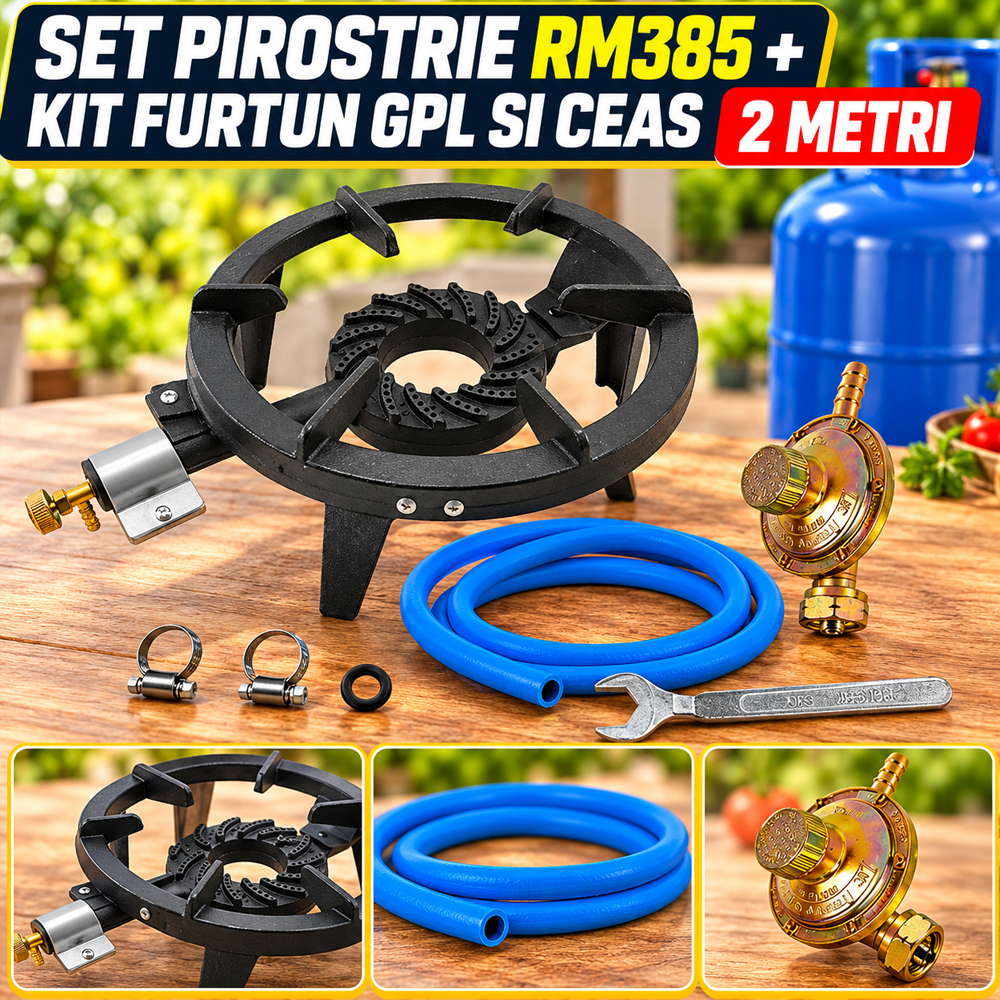 SET: Arzător pe gaz / Pirostrie cu 1 arzător, 3 picioare, RM385 + Kit furtun GPL si ceas 2 metri [3]