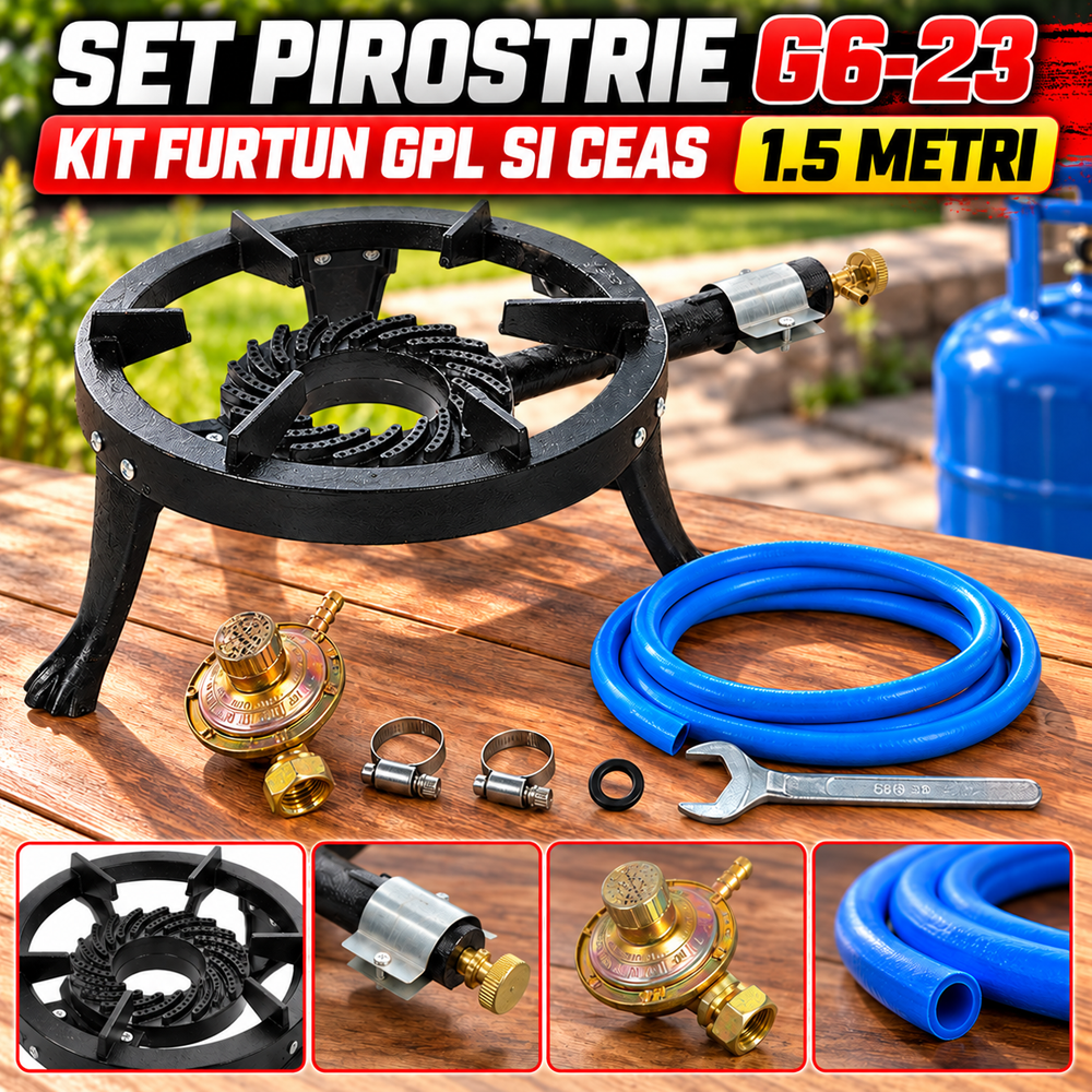 SET: Arzător pe gaz / Pirostrie rotundă din fontă, 1 foc, diametru 35 cm, G6-23 + Kit furtun GPL si ceas 1.5 metri [5]