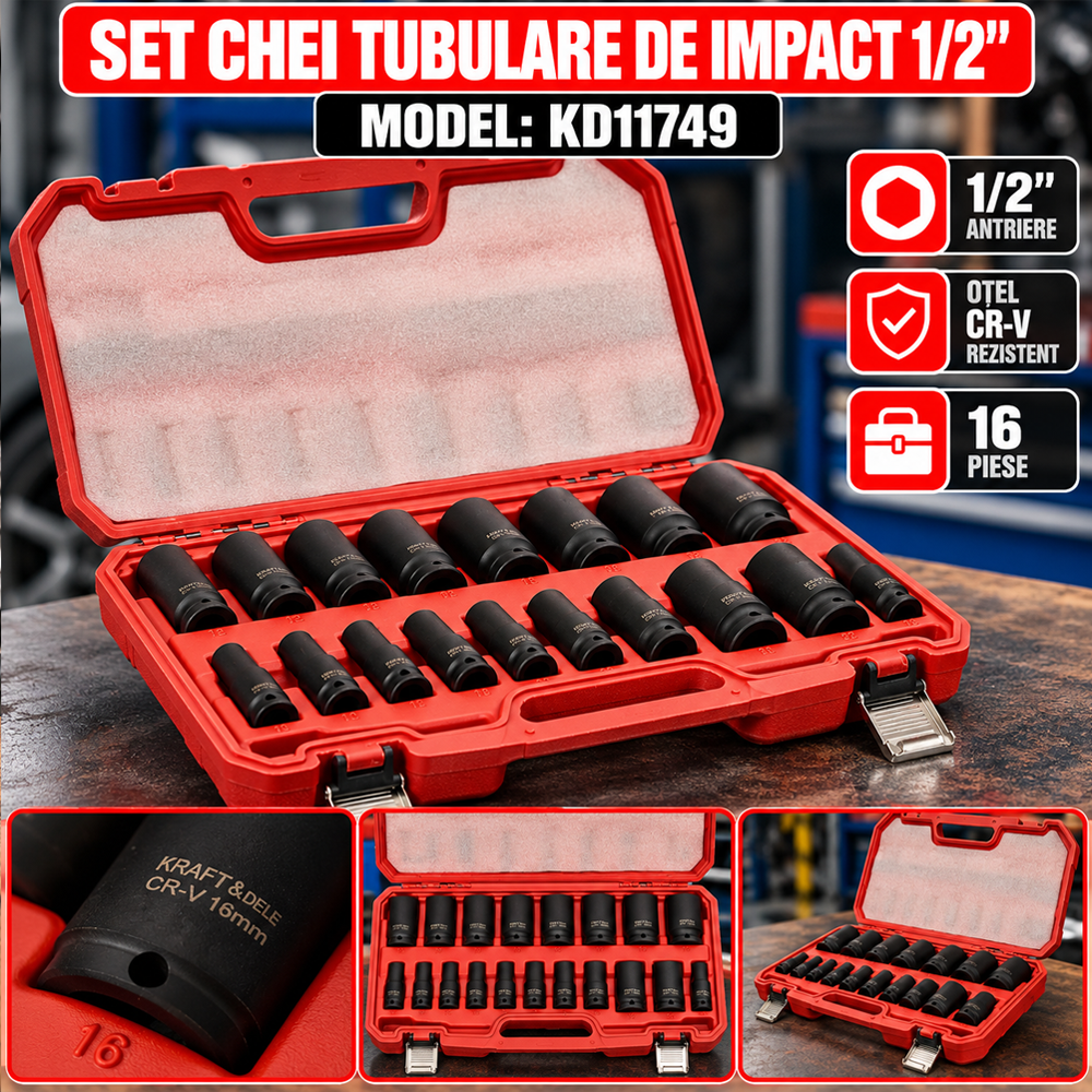 Set chei tubulare de impact 1/2", 16 piese, 10–32 mm, oțel Cr-Mo, KD11749 [5]
