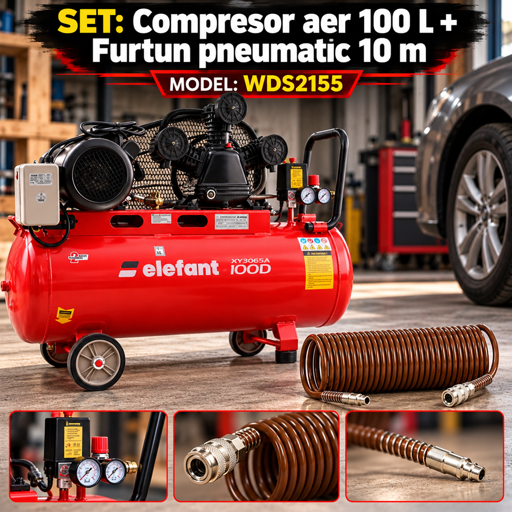 SET: Compresor aer 100 L, 4 CP, 8 bar, debit 0,5 m³/min + Furtun pneumatic spiralat 10 m, 5 × 8 mm [11]