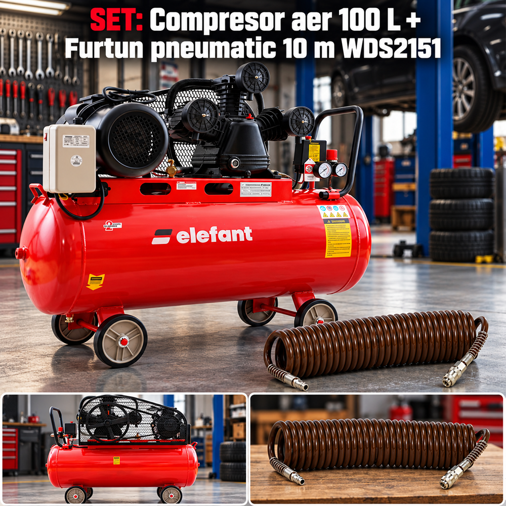 SET: Compresor aer 100 L, 4 CP, 8 bar, debit 0,5 m³/min + Furtun pneumatic spiralat 10 m, 8 × 12 mm [11]