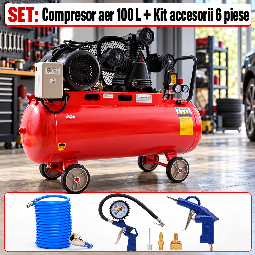 SET: Compresor aer 100 L, 4 CP, 8 bar, debit 0,5 m³/min + Kit accesorii 6 piese, furtun 5 m, pistol umflat și suflat [11]