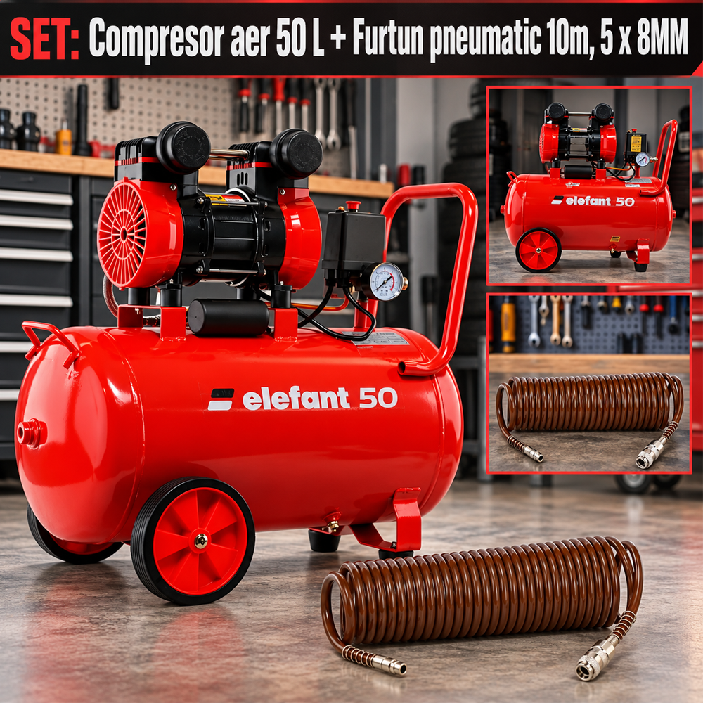SET: Compresor aer 50 L, 2,3 CP, 8 bar, 0,25 m³/min + Furtun pneumatic spiralat 10 m, 5 × 8 mm [9]