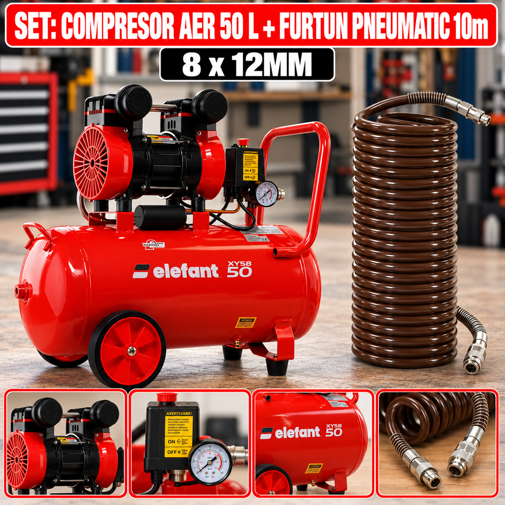 SET: Compresor aer 50 L, 2,3 CP, 8 bar, 0,25 m³/min + Furtun pneumatic spiralat 10 m, 8 × 12 mm [9]