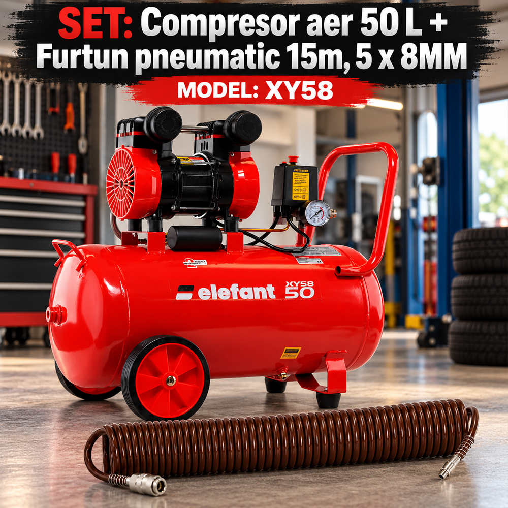 SET: Compresor aer 50 L, 2,3 CP, 8 bar, 0,25 m³/min + Furtun pneumatic spiralat 15 m, 5 × 8 mm [9]