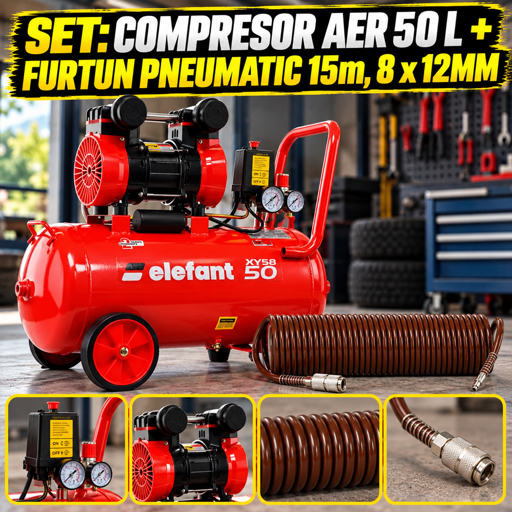 SET: Compresor aer 50 L, 2,3 CP, 8 bar, 0,25 m³/min +  Furtun pneumatic spiralat 15 m, 8 × 12 mm [9]
