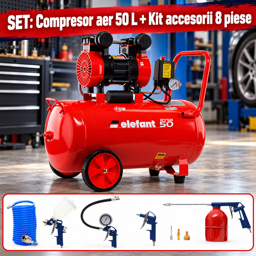SET: Compresor aer 50 L, 2,3 CP, 8 bar, 0,25 m³/min + Kit accesorii pneumatice 8 piese, furtun 5 m - ELEFANT [9]