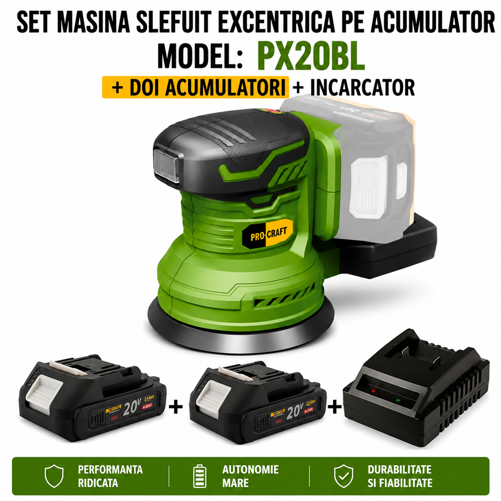 SET: Mașină de șlefuit excentrică pe acumulator 20V, Brushless, 125 mm, 6000–13000 rpm, PX20BL [Include: Doi acumulatori și încărcător] [3]