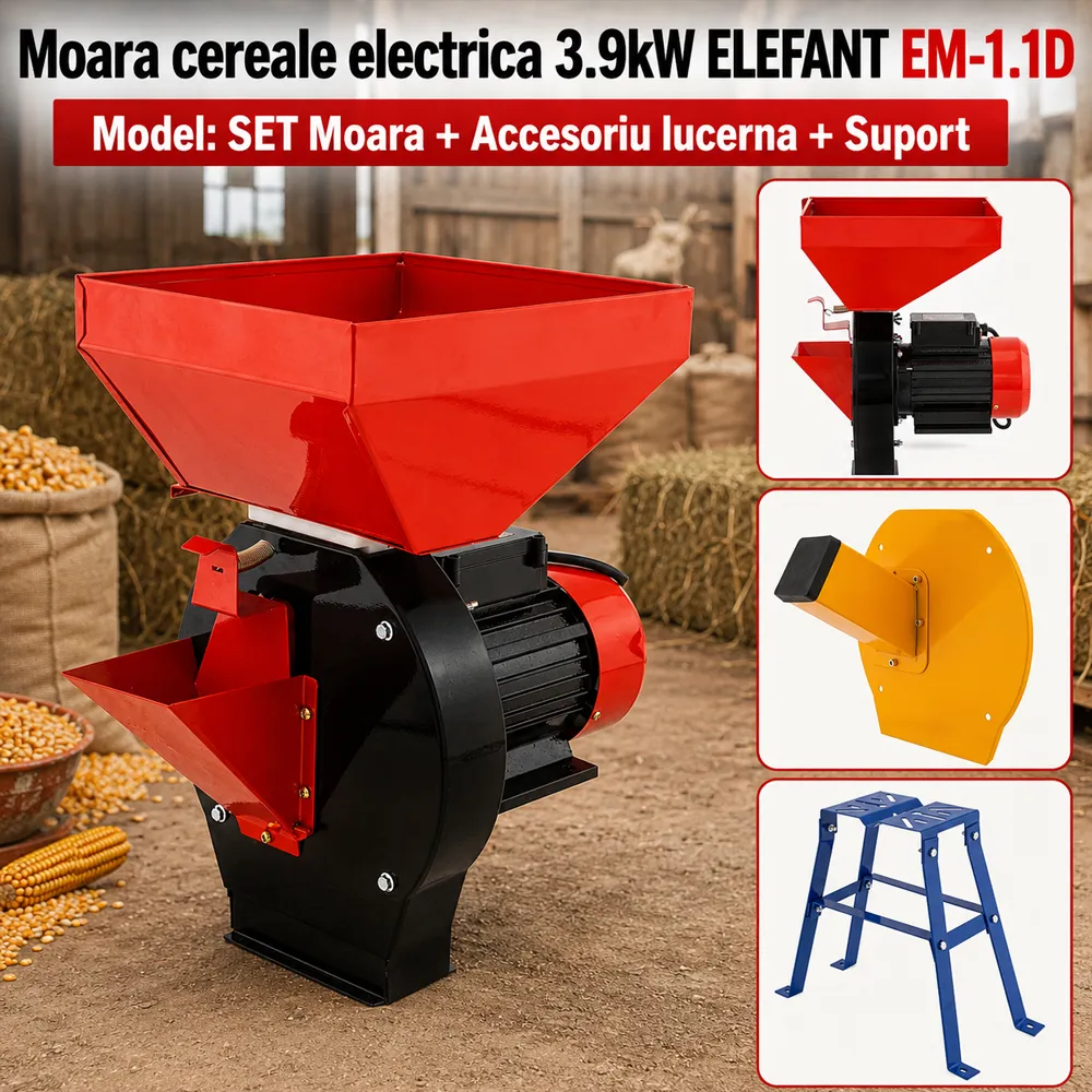 SET: Moară electrică EM-1.1D pentru cereale și fructe, 3900W, 200 kg/h + Accesoriu Lucernă și Suport Moară [6]
