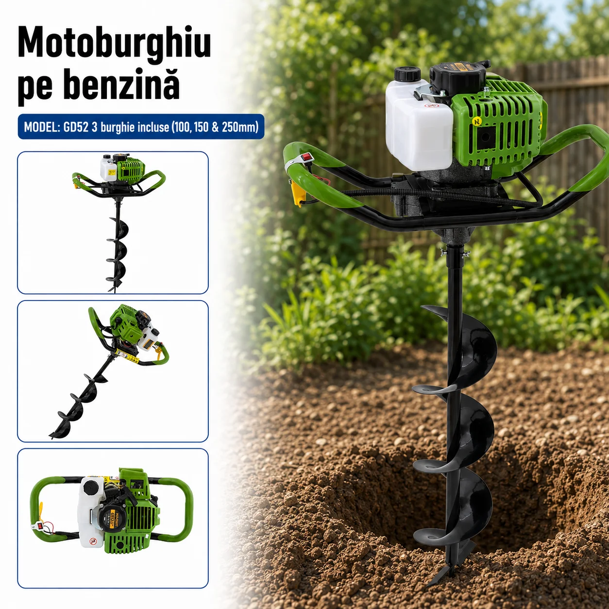 SET: Motoburghiu pe benzină 52CC, 1400W, 2T + 3 x burghie 100, 150 & 250mm incluse, GD52 [5]