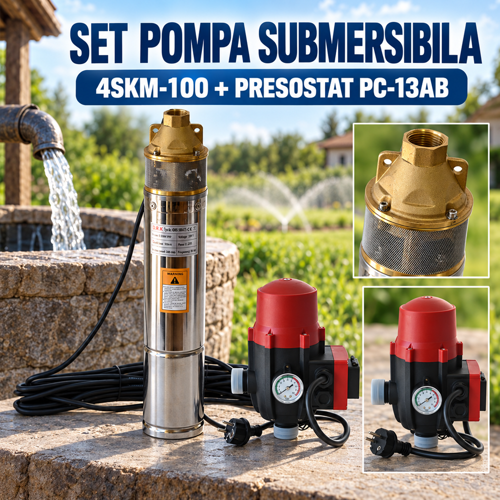 SET: Pompă submersibilă 4SKM-100, 0,75 kW, 3000 l/h, refulare 100 m, 2 turbine, cablu 15 m + Presostat electronic PC-13AB [5]