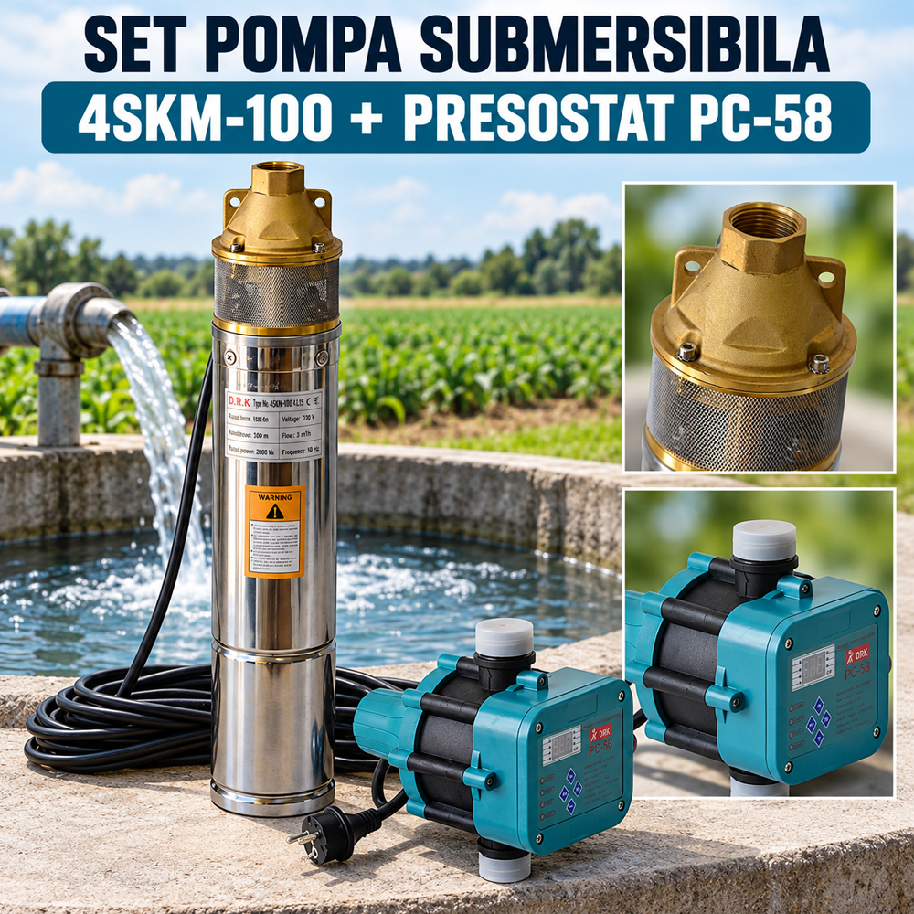 SET: Pompă submersibilă 4SKM-100, 0,75 kW, 3000 l/h, refulare 100 m, 2 turbine, cablu 15 m + Presostat electronic digital PC-58 [5]