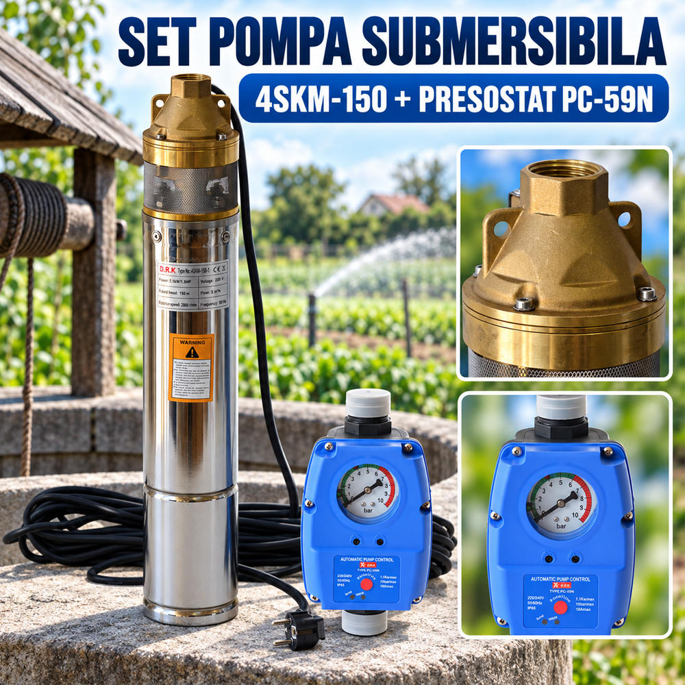 SET: Pompă submersibilă 4SKM-150, 1.1 kW, 3000 l/h, refulare 150 m, 2 turbine, cablu 15 m + Presostat electronic PC-59N [6]