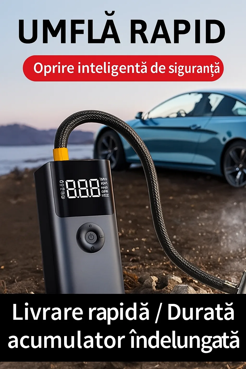 Starter auto 4-în-1 cu 12V si 1000A cu Compresor 150 PSI, USB-C, Power Bank 6000 mAh, LED negru [3]