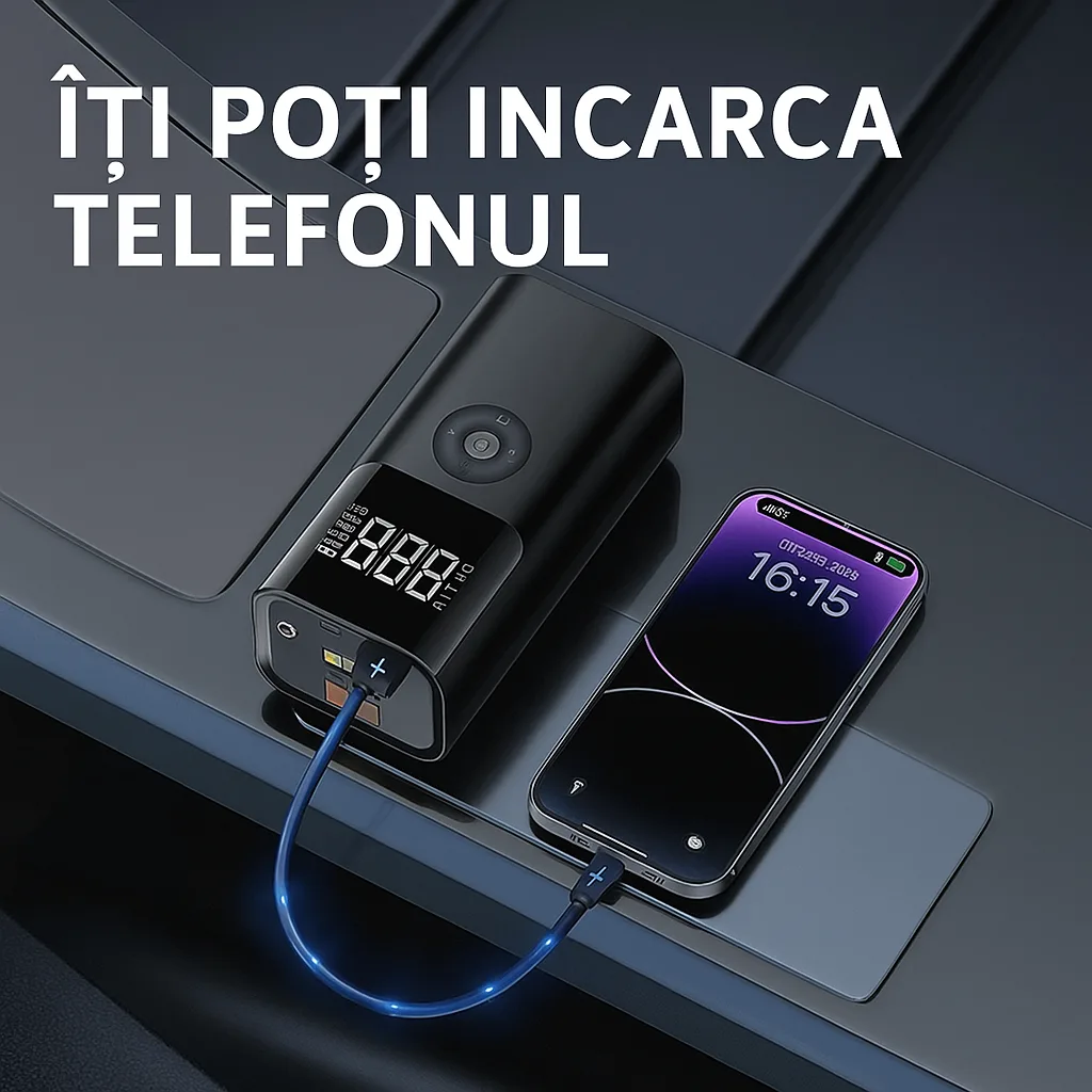 Starter auto 4-în-1 cu 12V si 1000A cu Compresor 150 PSI, USB-C, Power Bank 6000 mAh, LED negru [5]