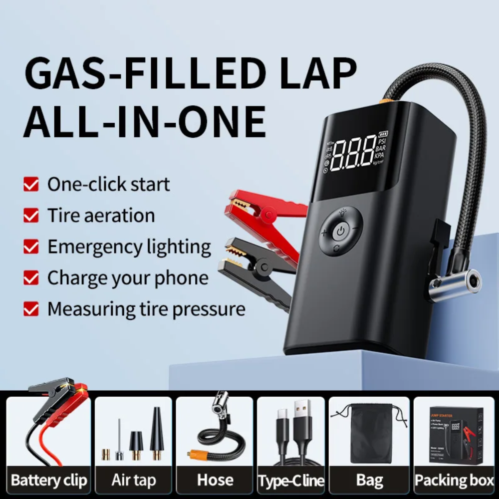 Starter auto 4-în-1 cu 12V si 1000A cu Compresor 150 PSI, USB-C, Power Bank 6000 mAh, LED negru [2]