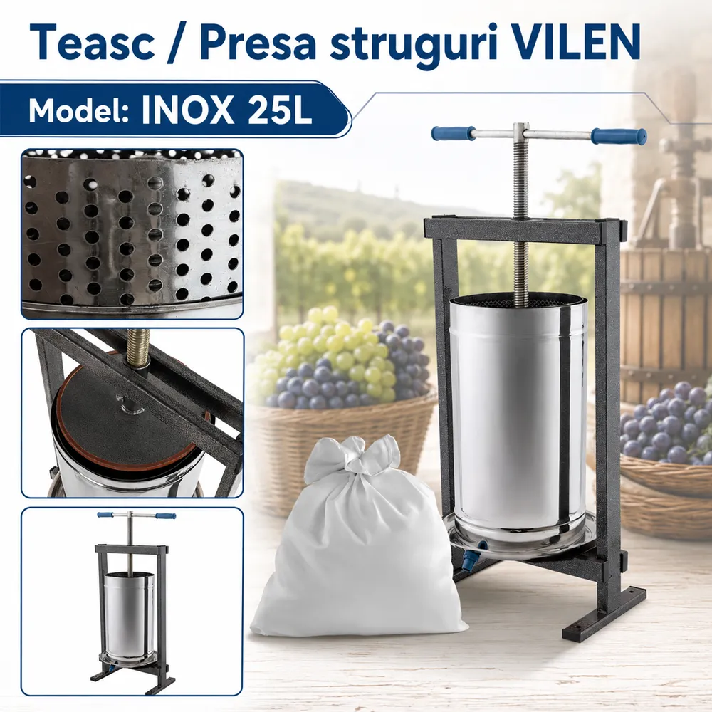 Teasc manual pentru struguri 25 L, inox, cu sac tescovină [5]