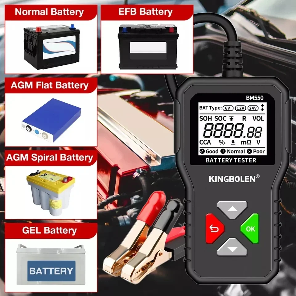 Tester auto baterii KINGBOLEN BM550, compatibil cu, motociclete, autoturisme, camioane, utilitare tensiune 6/12V/24V capacitate baterie 2Ah-220Ah [2]