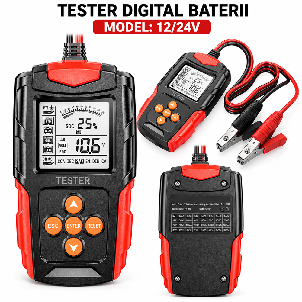 Tester digital baterii 12/24 V, 3–200 Ah, afișaj LCD 2,7", cablu 650 mm [5]