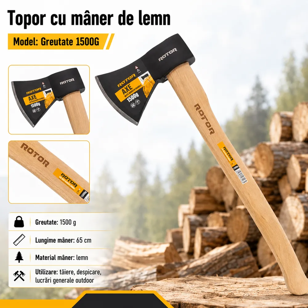 Topor 1500 g cu mâner din lemn, lungime 65 cm [4]