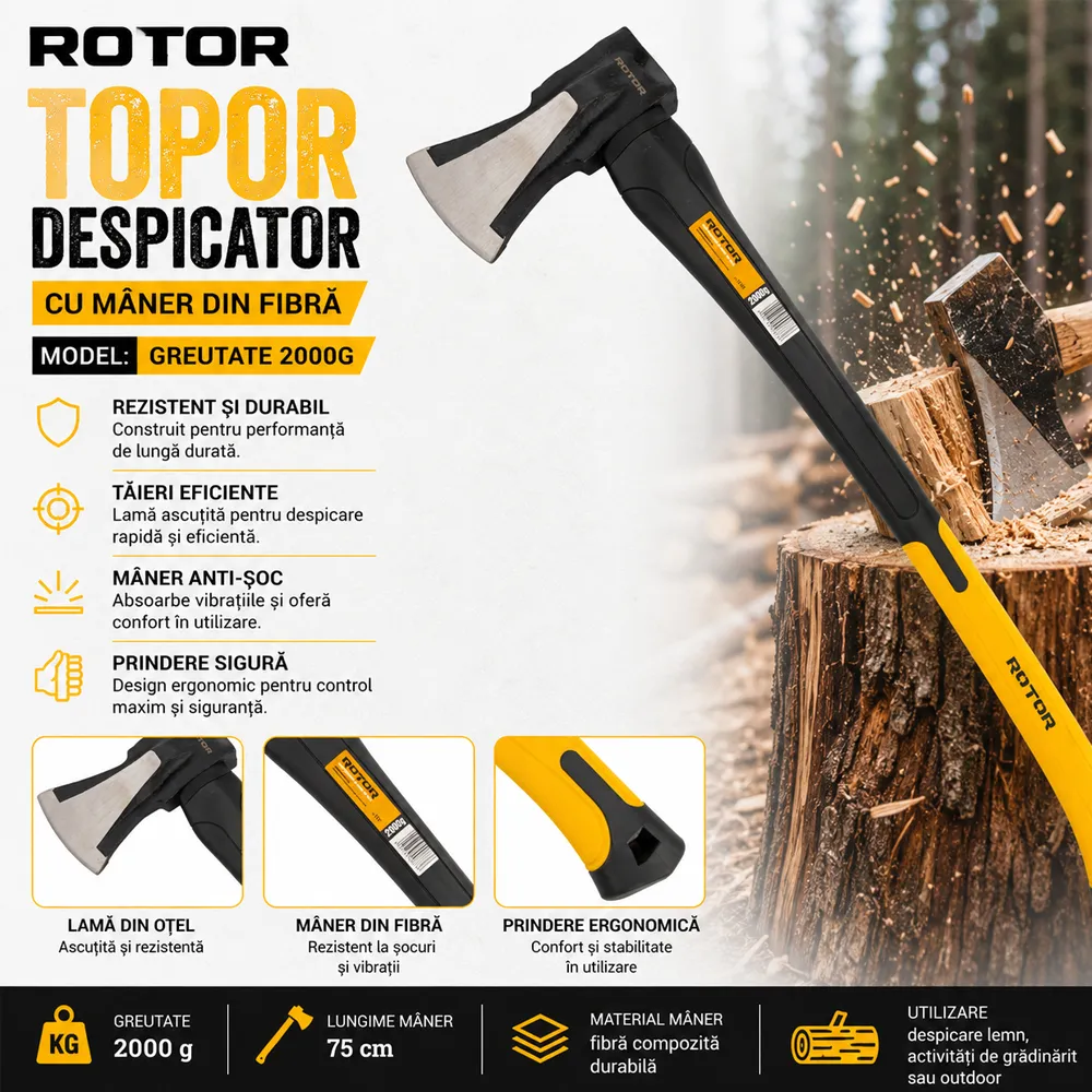 Topor despicator 2000 g cu mâner din fibră, lungime 75 cm [4]