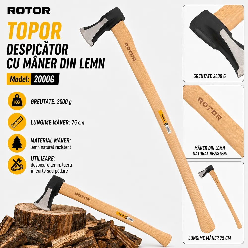 Topor despicator 2000 g cu mâner din lemn, lungime 75 cm [4]