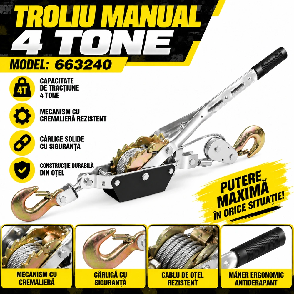 Troliu manual 4T, cablu oțel 5 mm x 3 m, angrenaj dublu, cârlige zincate, 663240 [2]