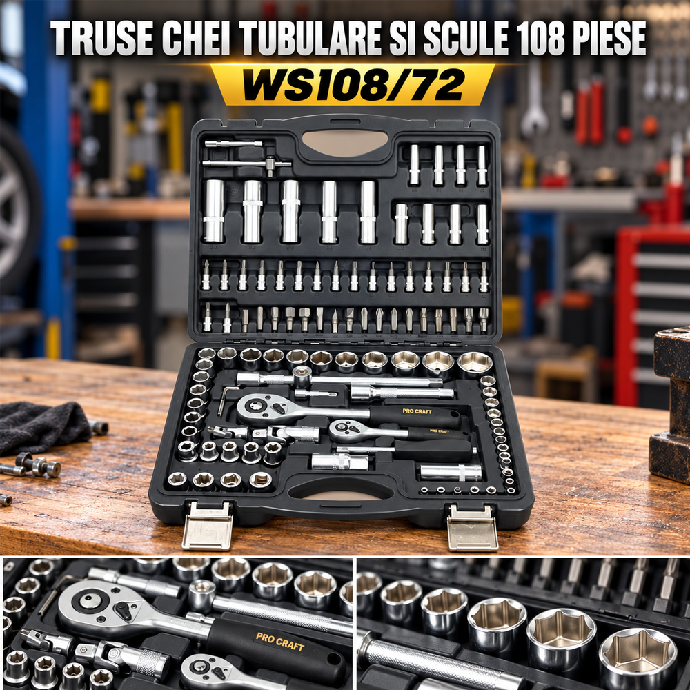 Trusă chei tubulare și scule, 108 piese, prindere 1/4" și 1/2", cu biți și clichete, WS108/72 [2]