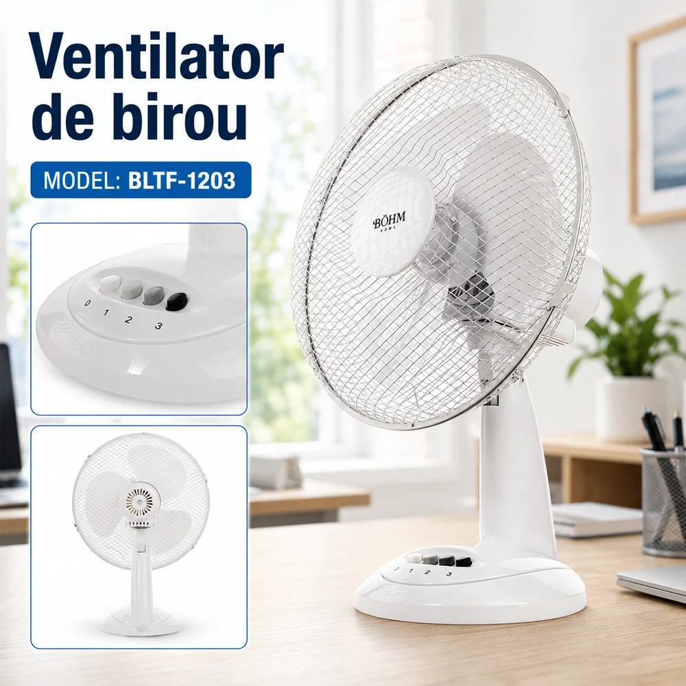 Ventilator de birou 12”, 40 W, 3 viteze, funcționare silențioasă [4]