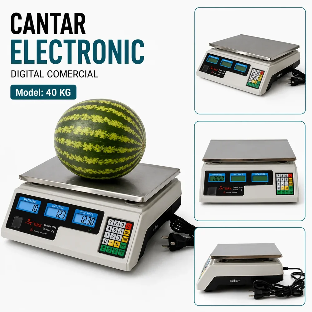 Cântar electronic comercial 40 kg, afișaj dublu iluminat, platan din inox și acumulator [3]