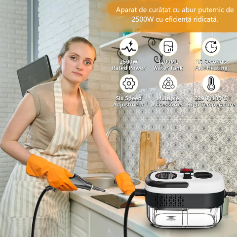 Aparat de Curățat cu Abur Portabil, 2500W, Presiune 3BAR, Rezervor 1.2L, 6 Trepte de Putere, Încălzire Rapidă 15s, Profesional, Alb/Negru [2]
