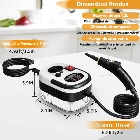 Aparat de Curățat cu Abur Portabil, 2500W, Presiune 3BAR, Rezervor 1.2L, 6 Trepte de Putere, Încălzire Rapidă 15s, Profesional, Alb/Negru [1]