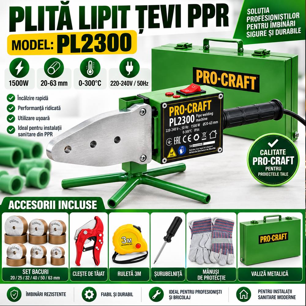 Plită sudură PPR 1500W, 300°C, 6 bacuri 20–63 mm, 2 trepte temperatură, PL2300 [7]