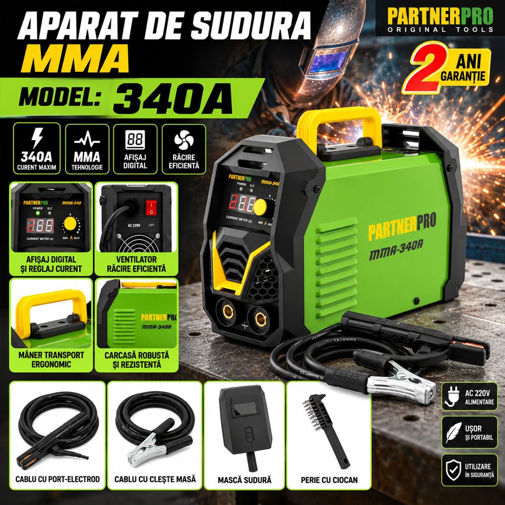 Aparat de sudură MMA 340A, display digital, electrozi 1,6–5 mm, Hot-Start, Anti-Stick, 220V, MMA-340A [8]