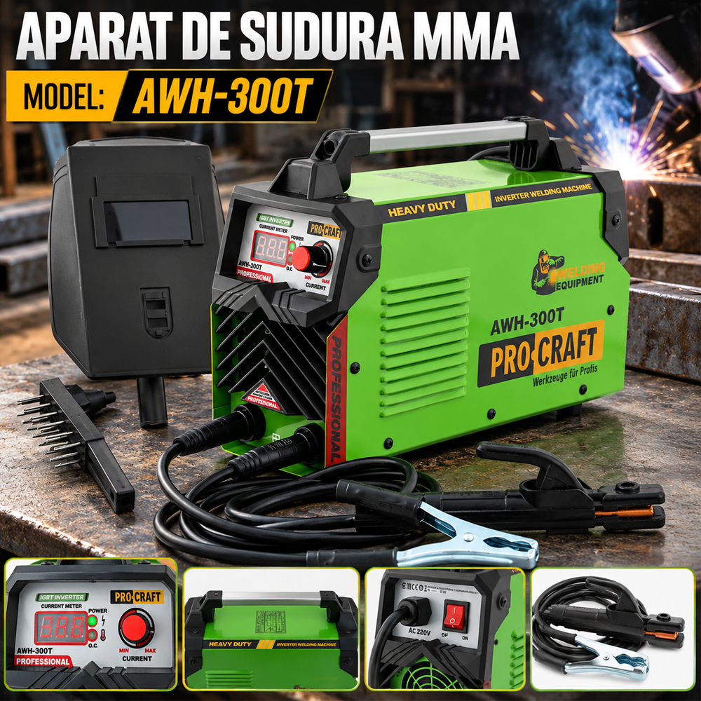 Aparat de sudură MMA 300A, 4500W, display digital, electrozi 1,6–5 mm, 230V, AWH-300T [8]