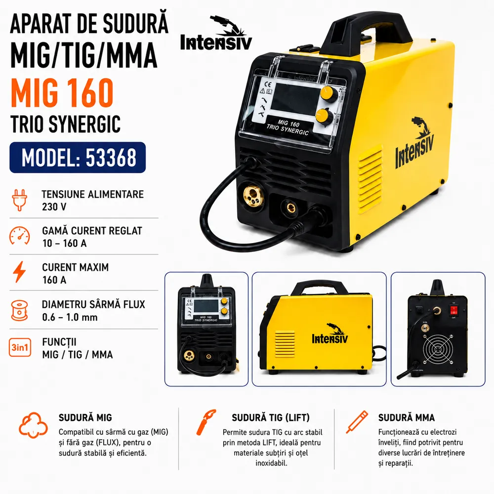 Aparat de sudură multiproces sinergic MIG-MAG, 160A, FLUX, MMA și TIG DC-Lift, cu ecran LCD, MIG 160 TRIO SYNERGIC [1]