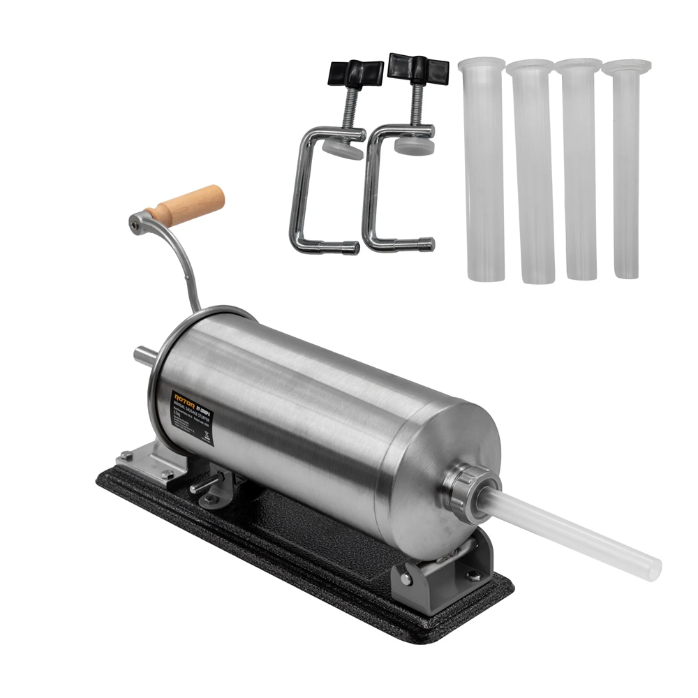 OFERTA ZILEI - Aparat manual de făcut cârnați 3,5 kg, orizontal, cuvă rabatabilă, 4 pâlnii, fixare cu 2 cleme, RY-2006PA
