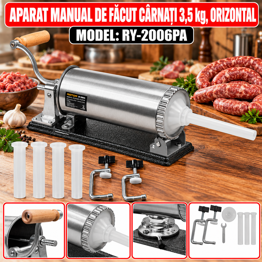 Aparat manual de făcut cârnați 3,5 kg, orizontal, cuvă rabatabilă, 4 pâlnii, fixare cu 2 cleme, RY-2006PA [5]