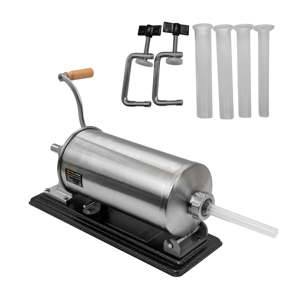 OFERTA ZILEI - Aparat manual de făcut cârnați 5,5 kg, orizontal, cuvă rabatabilă, 4 pâlnii, fixare cu 2 cleme, RY-2010PA