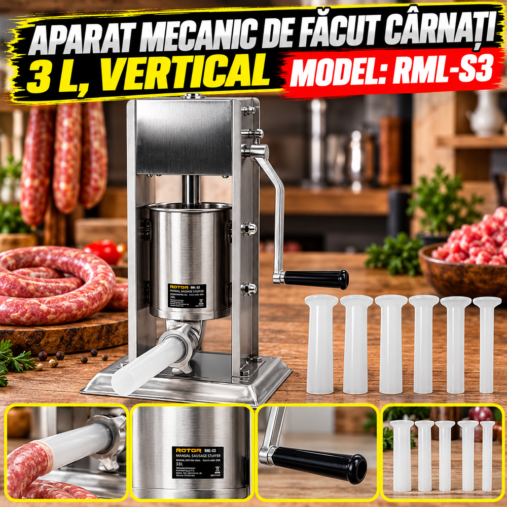 Aparat mecanic de făcut cârnați 3 L, vertical, inox alimentar, cuvă basculantă, 6 pâlnii, RML-S3 [5]
