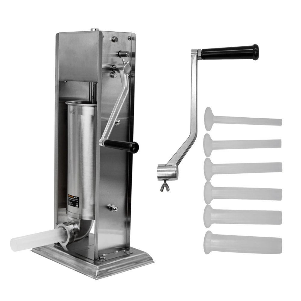 OFERTA ZILEI - Aparat mecanic de făcut cârnați 5 L, vertical, inox alimentar, cuvă basculantă, 6 pâlnii, RML-S5