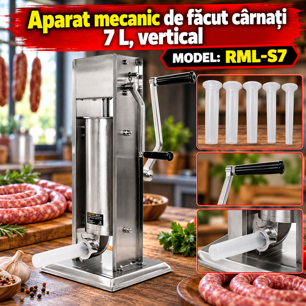 Aparat mecanic de făcut cârnați 7 L, vertical, inox alimentar, cuvă basculantă, 6 pâlnii, RML-S7 [5]