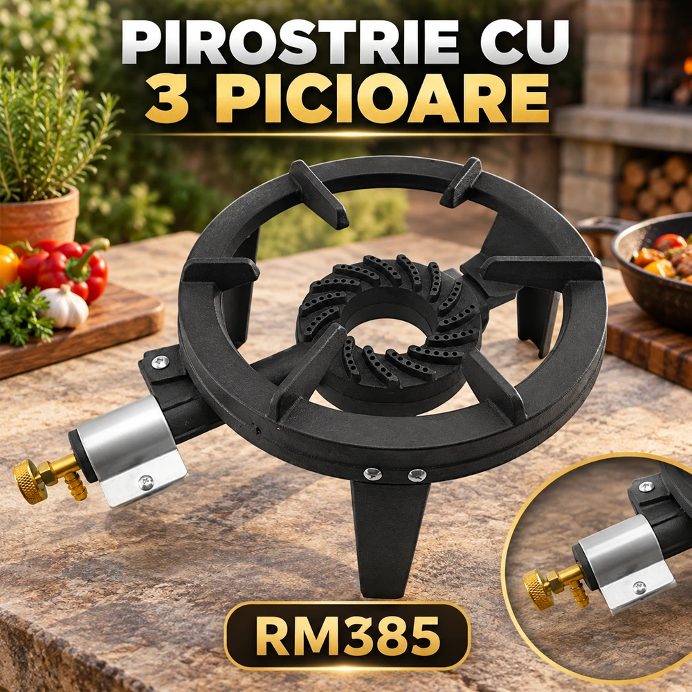 Arzător pe gaz / Pirostrie cu 1 arzător, 3 picioare, pentru gătit în aer liber, RM385 [1]
