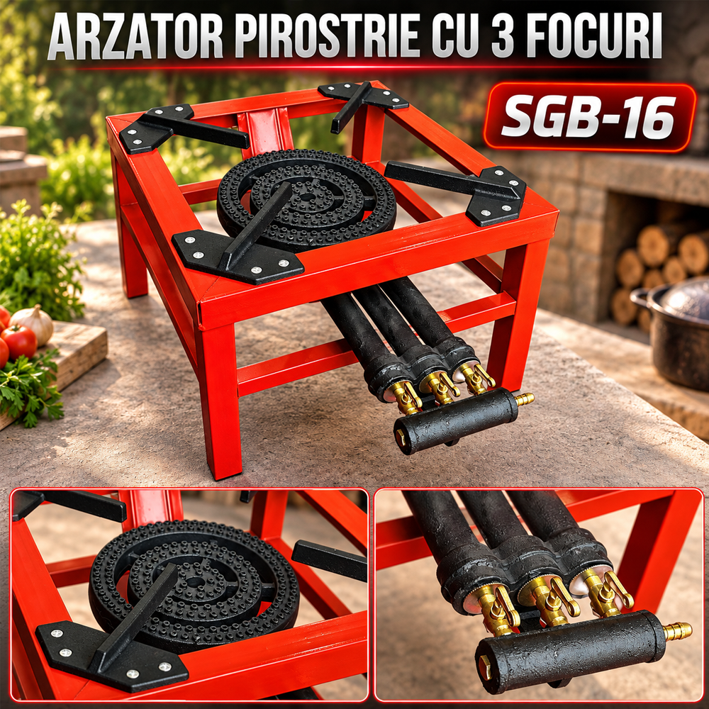 Arzător pe gaz / Pirostrie cu 3 focuri, 12,2 kW, fontă și oțel, pentru butelie propan-butan, SGB-16 [3]