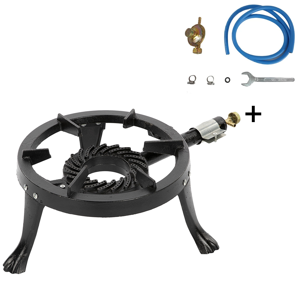 Arzătoare pe gaz și Pirostrii - SET: Arzător pe gaz / Pirostrie rotundă din fontă, 1 foc, diametru 35 cm, G6-23 + Kit furtun GPL si ceas 2 metri