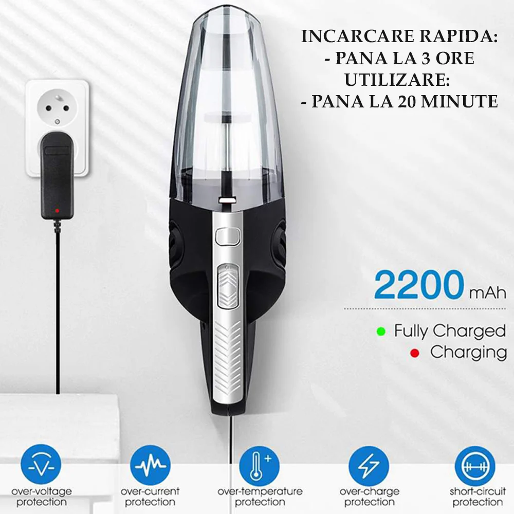 Aspirator auto sau uz caznic, aspirare umed-uscata, cu acumulator incorporata 2200 mAh, accesoriu pentru spati inguste, perie curatare, putere 120W [4]